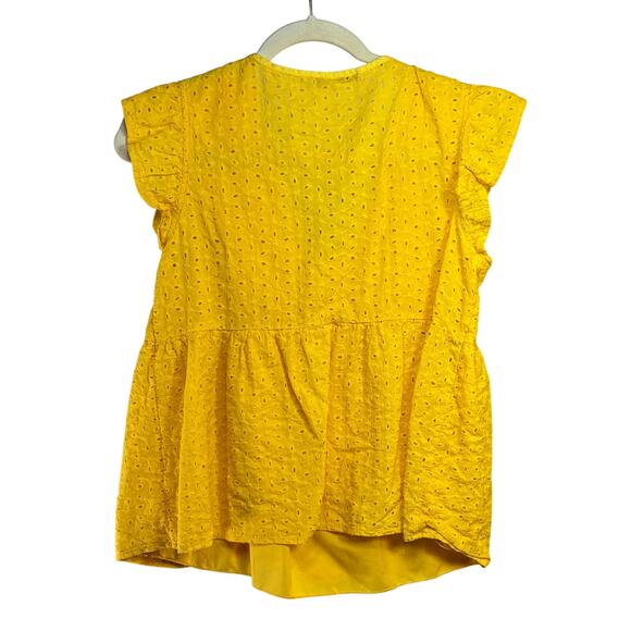 Eyelet Lace Top Yellow Women's Large Poly/Cotton Short Sleeve V-Neck Cottagecore - Picture 2 of 4
